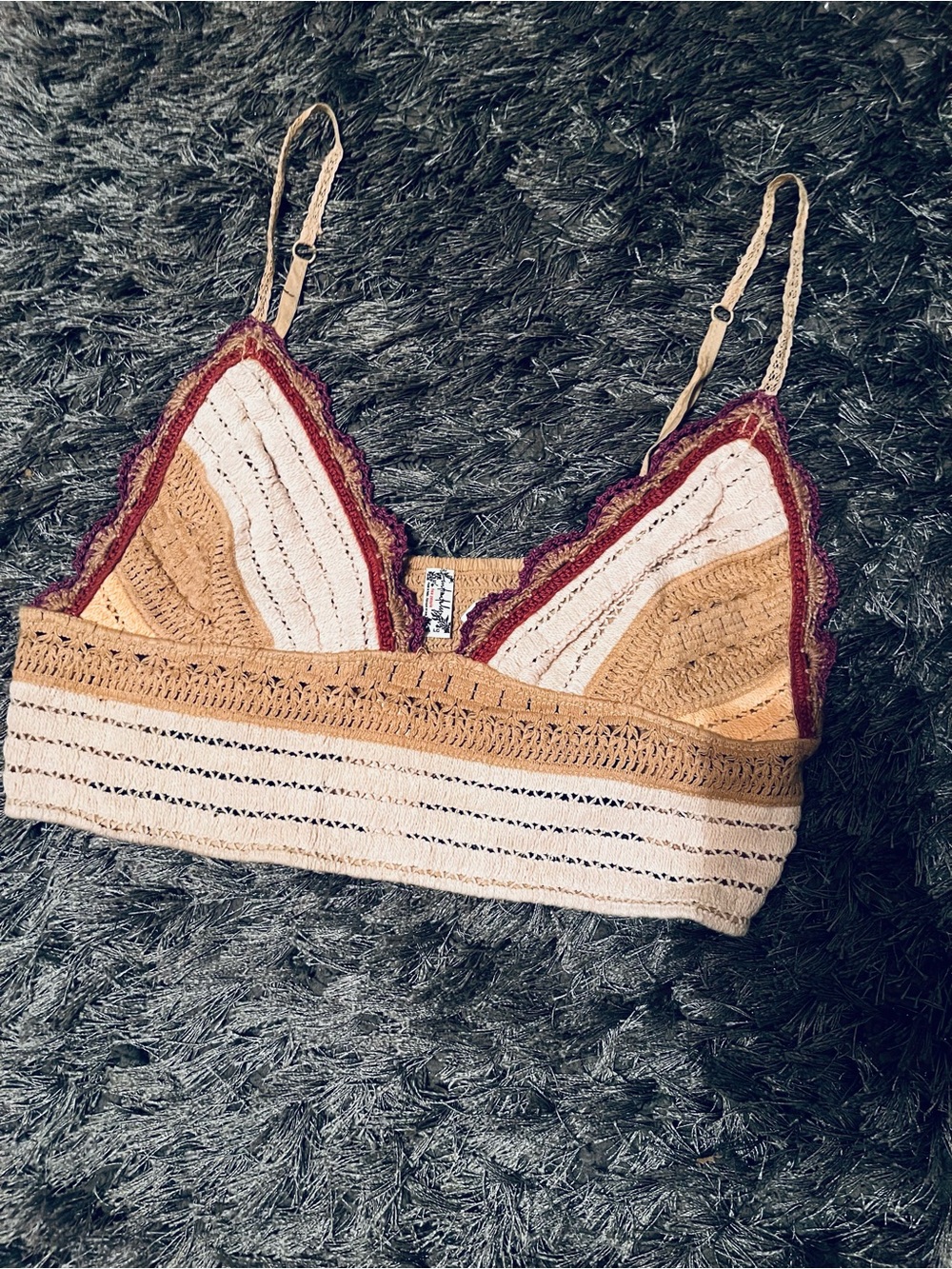 Free People Crochet Bralette in Cream, Tan & Burgundy Trim